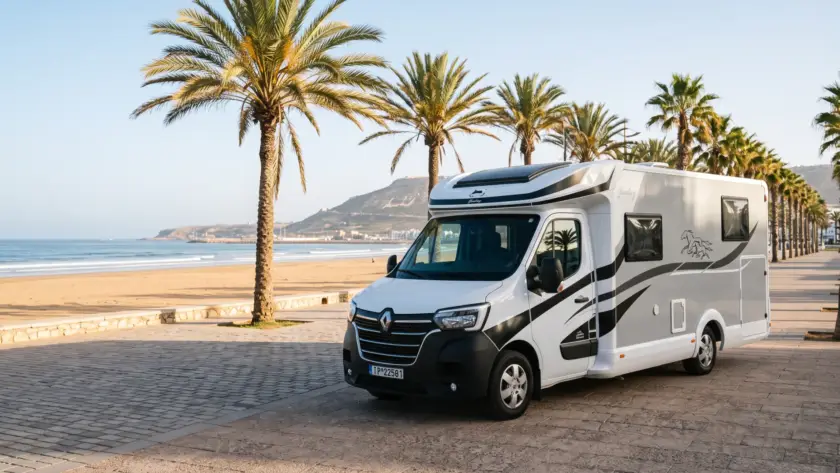 Agadir Adventurer 4-person Renault camper parked on the palm-lined beach promenade of Agadir, Morocco