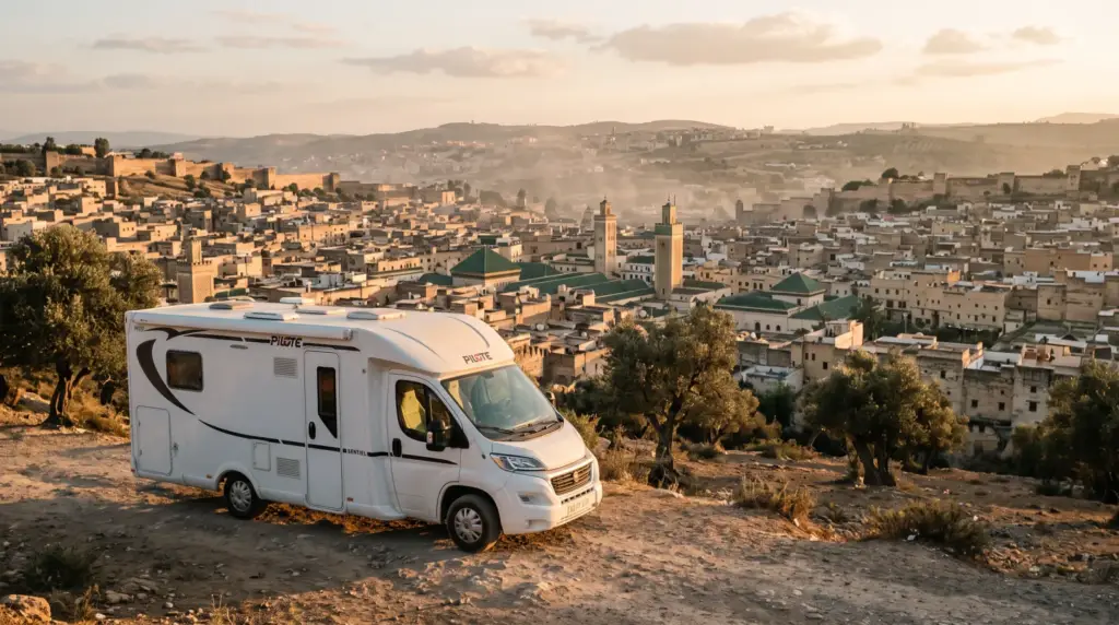 Riad on Wheels camper parked on a hillside above an old Moroccan medina on a northern Morocco road trip
