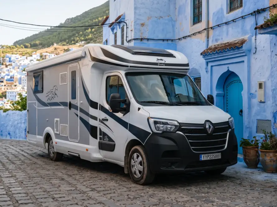 Riad on Wheels camper parked beside blue-painted walls outside the Chefchaouen medina in northern Morocco