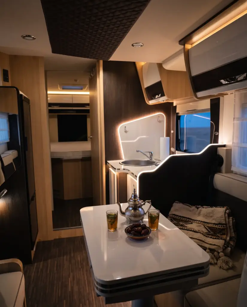 Interior of a Riad on Wheels camper with kitchen, dinette and rear bed, lit for a relaxed evening on a Morocco road trip