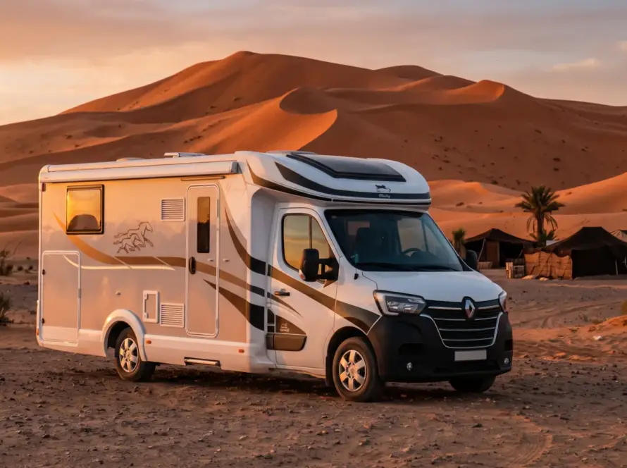 Riad on Wheels camper in front of the Erg Chebbi sand dunes near Merzouga at sunset, Morocco desert camper route