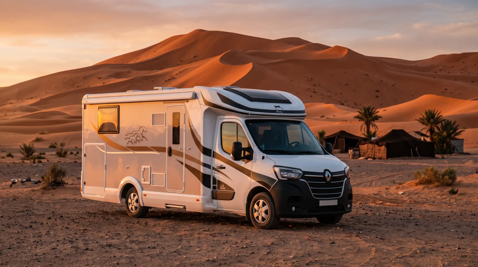 Riad on Wheels camper in front of the Erg Chebbi sand dunes near Merzouga at sunset, Morocco desert camper route