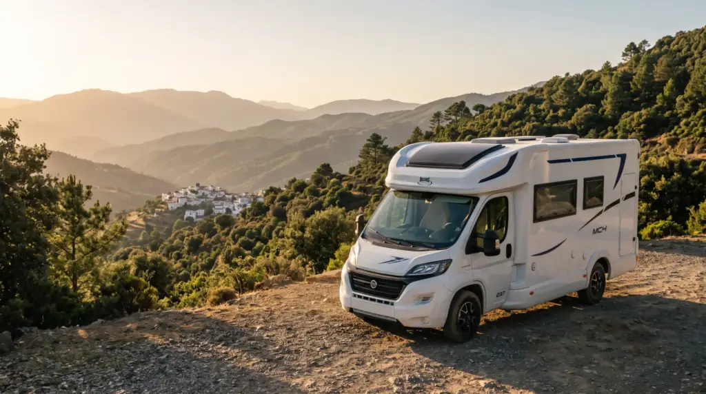 Riad on Wheels McLouis camper at a mountain viewpoint in the Rif mountains of northern Morocco