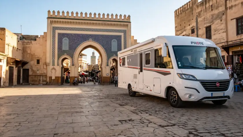 Fez Fiesta Pilote Galaxy G741 motorhome parked at Bab Bou Jeloud gate in Fes, Morocco